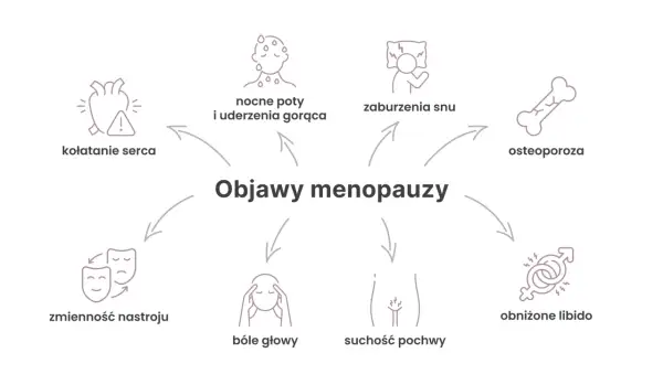 Grafika przedstawia objawy menopauzy: kołatanie serca, nocne poty, zaburzenia snu, osteoporozę, zmienność nastroju, bóle głowy, suchość pochwy i obniżone libido.